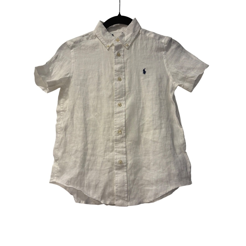 Polo‎ Ralph Lauren Boys White 100% Linen Short Sleeve Button Down - PTP 14.5"